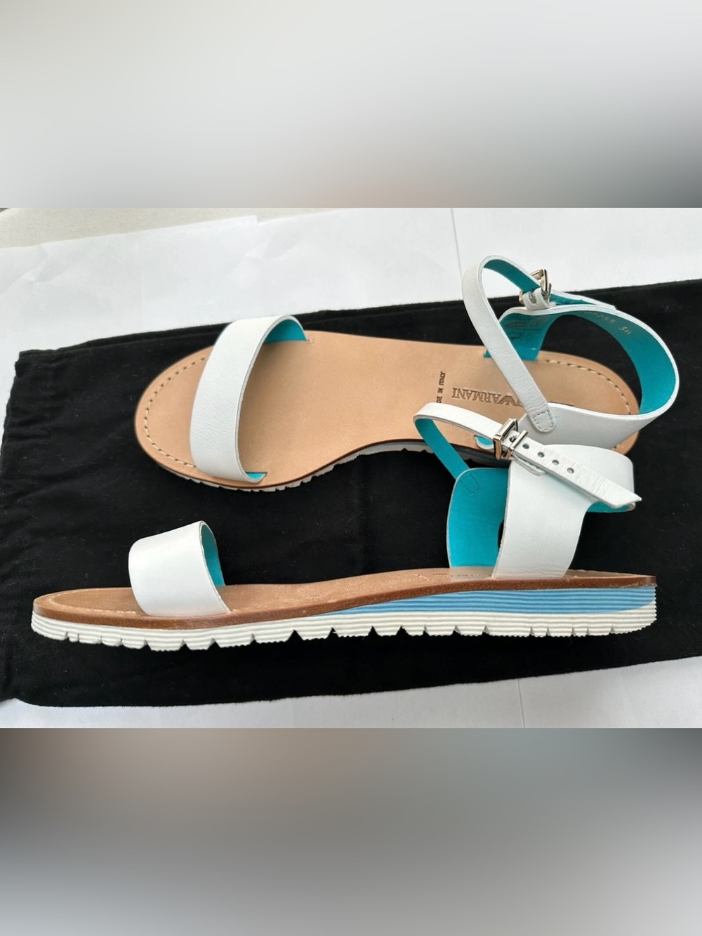 Giorgio Armani White Leather Ankle-Strap Sandals with Turquoise Lining